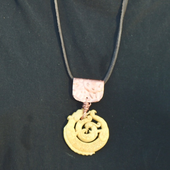 Conceptual Subculture Jewelry - Yellow Jade Copper Embossed Leather Pendant OOAK